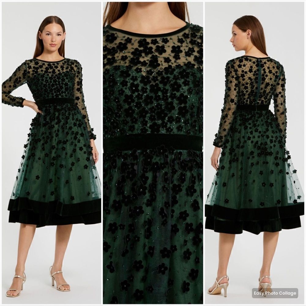 Mac Duggal 67007 Womens Green Embellished Illusion Fit & Flare Dress Gown